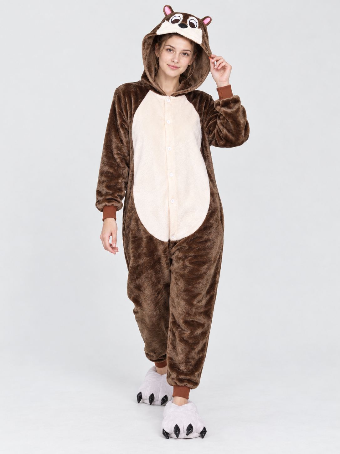Flannel Pajama Jumpsuit with Hood and Ears