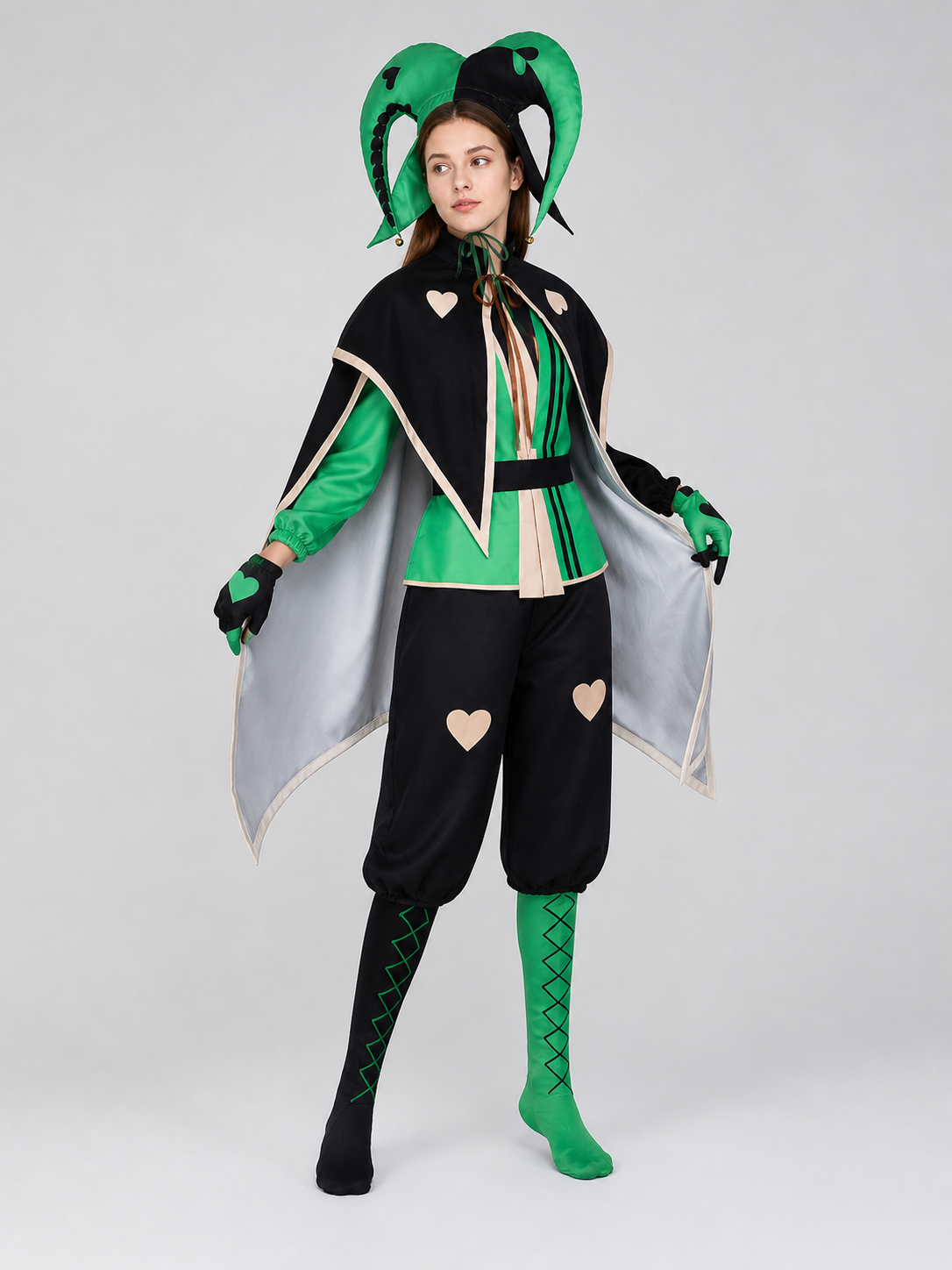 Theatrical jester-clown costume in a black-and-green style for cosplay. The set