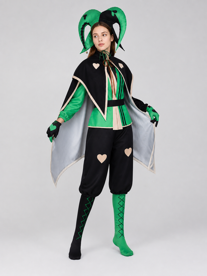 Theatrical jester-clown costume in a black-and-green style for cosplay. The set