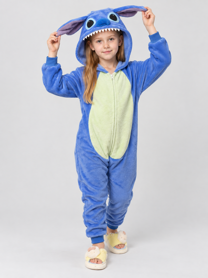 Blue one-piece pajama with hood and cartoon face