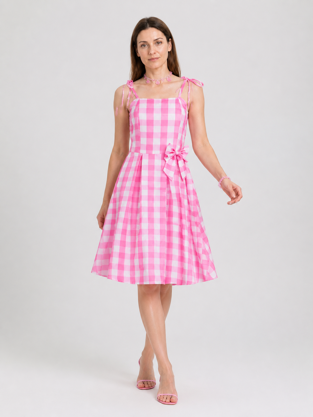 Cosplay Dress in a Large Pink-and-White Checkered Pattern with Bow Costume Dresses detail 2