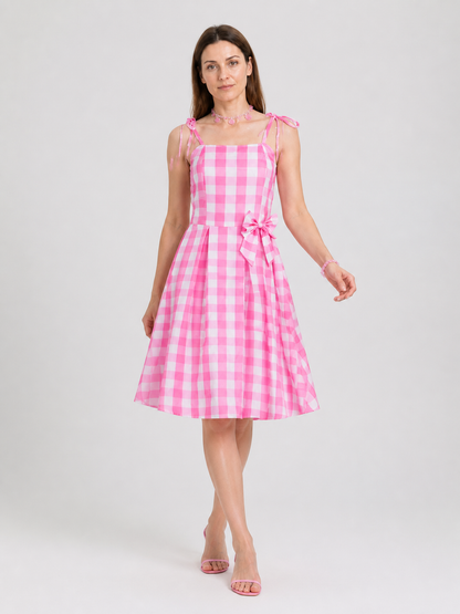 Cosplay Dress in a Large Pink-and-White Checkered Pattern with Bow Costume Dresses detail 2