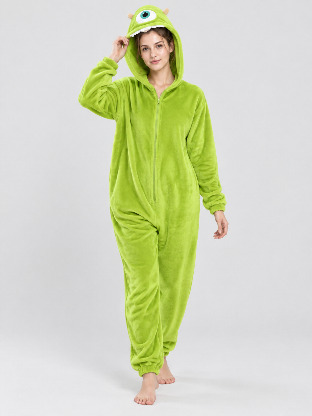 Green Plush Hooded Zip Pajama Jumpsuit