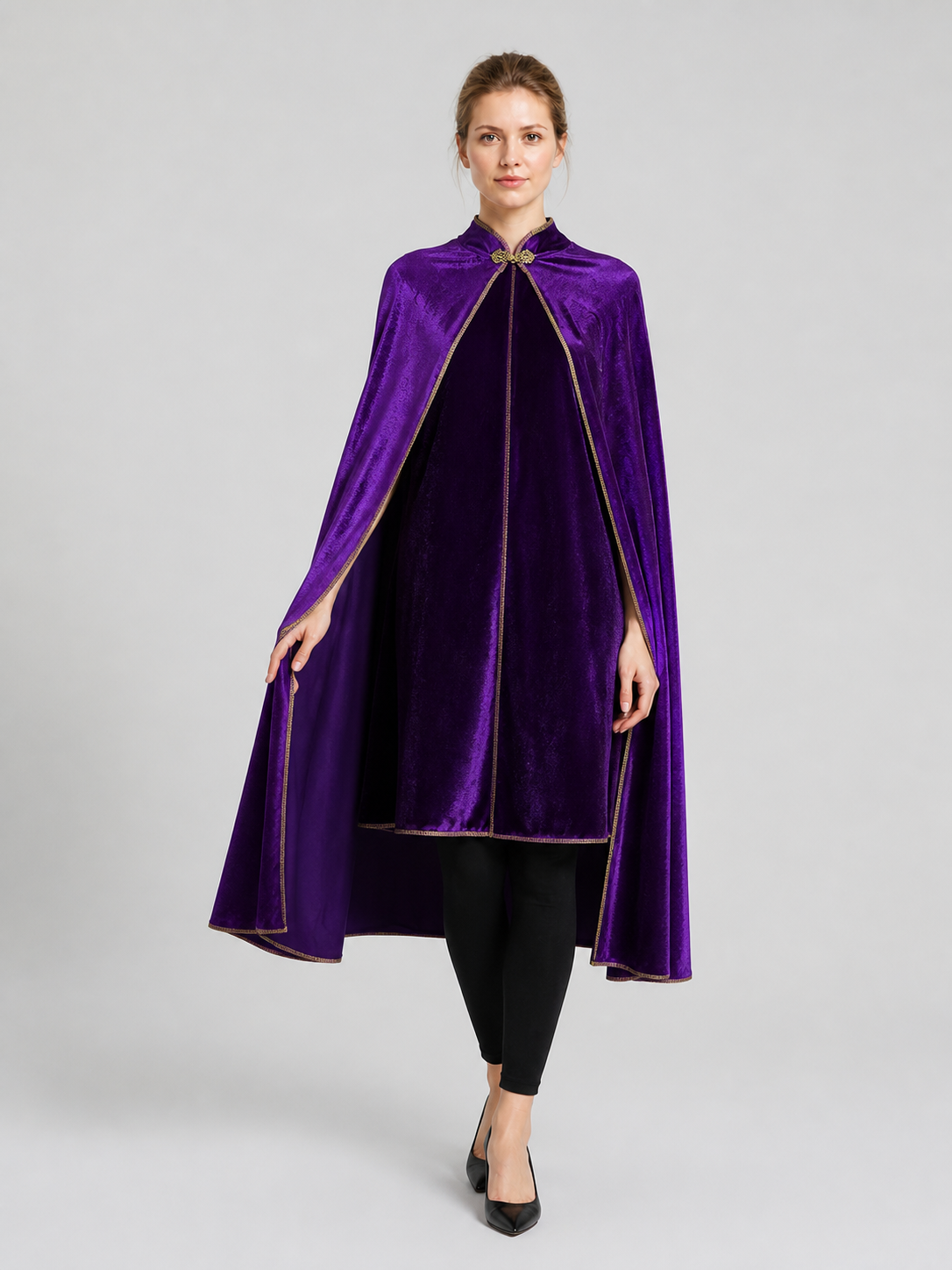 Velvet Cape with Stand Collar, Gold Trim Costume Capes detail 2