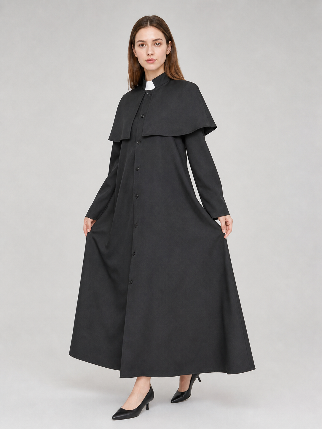 Black medieval-style costume designed to create a striking look for costume