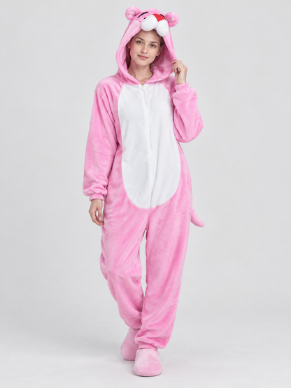 Pink Hooded Pajama Jumpsuit with Ears and Tail