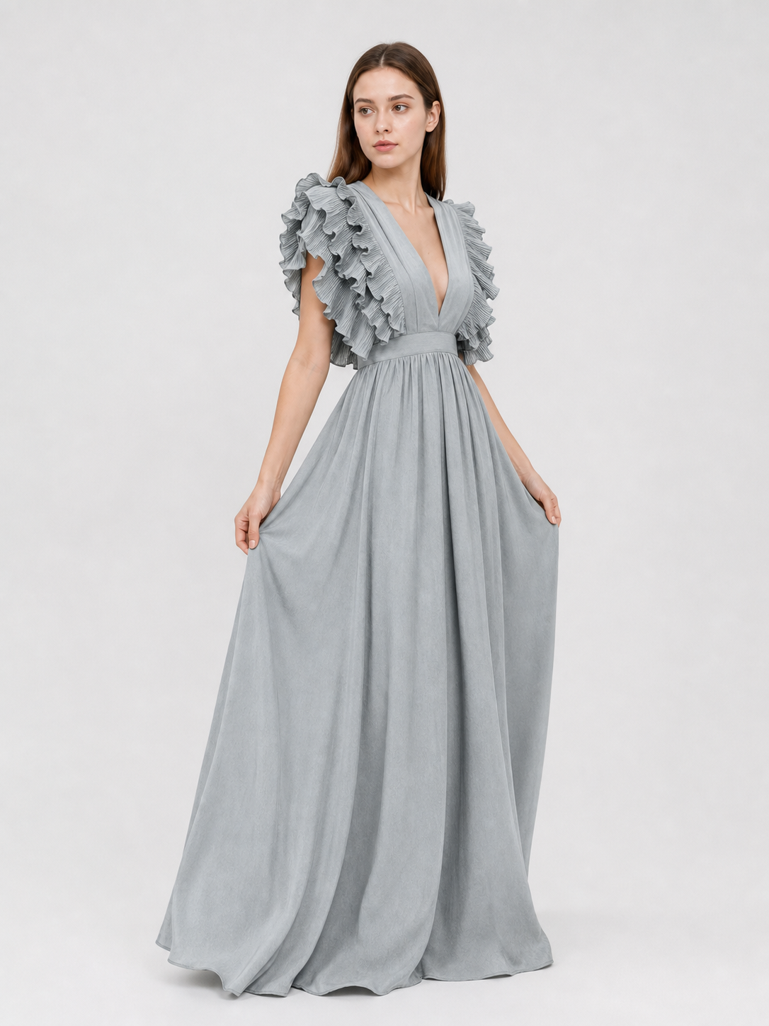 Long Evening Dress with a Deep V-Neckline