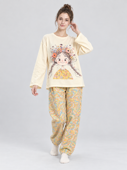 Pajama Set: Long-Sleeve Top and Long Printed Pants