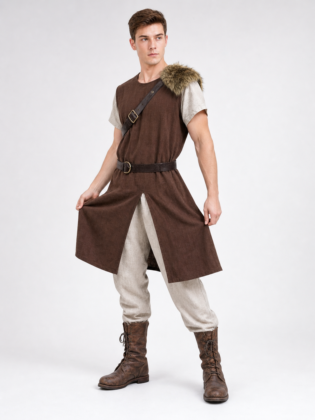 Brown sleeveless tunic with fur shoulder trim, belt and cross-body strap on a three-quarter view model holding an axe