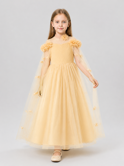 Long Princess Dress with Floral Details, Champagne Costume Dresses detail 2