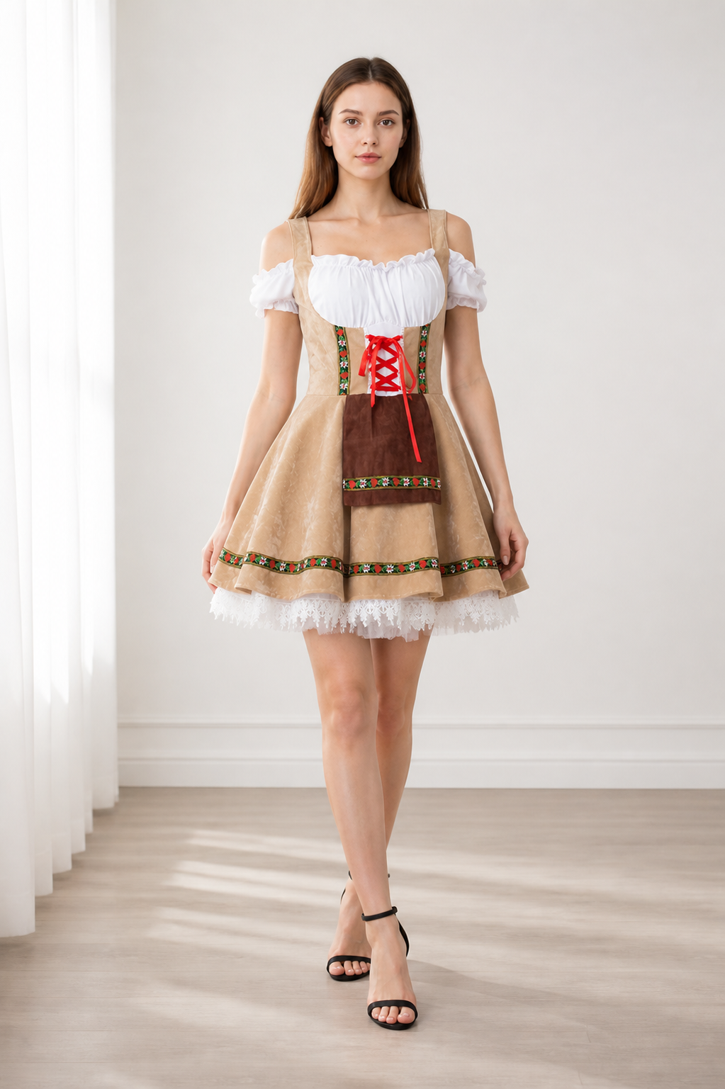 Bavarian Traditional Costume with Red Lacing and Lace