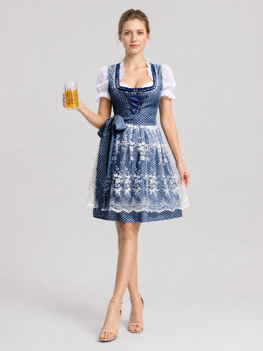 Traditional Bavarian Blue and White Dress with Lace Costume Dresses detail 2