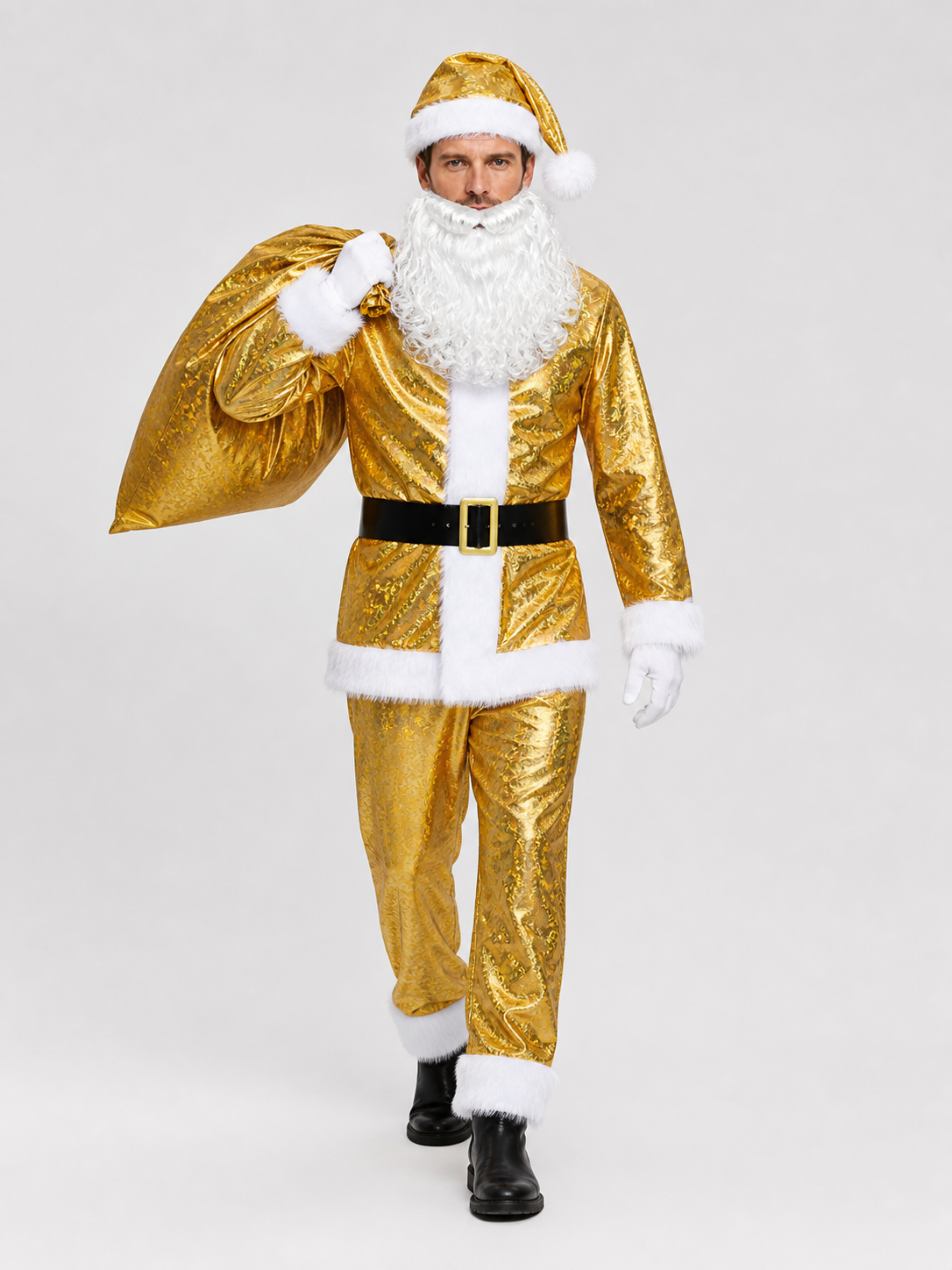 Gold Santa Claus Costume with Beard, Festive Set Costumes detail 2