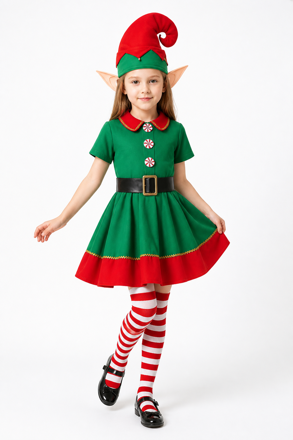 Christmas Elf Costume with Hat and Striped Knee-High Socks Costume Headwear detail 2