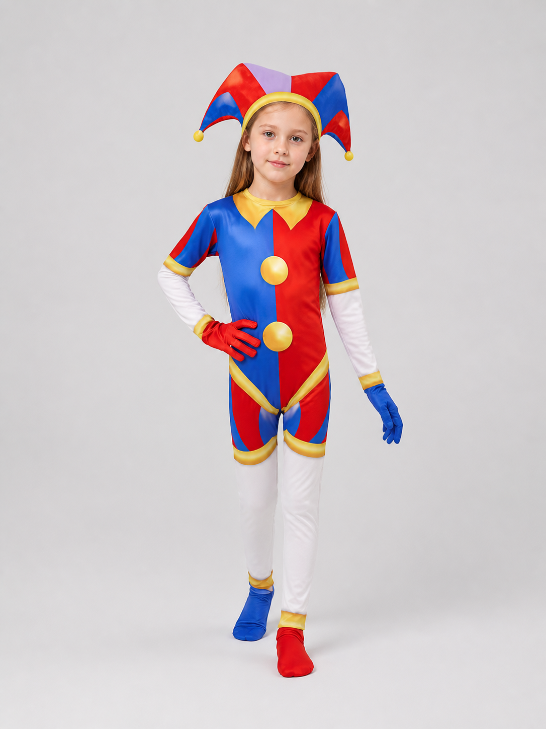 Pomni Cosplay Costume: Clown Jumpsuit with Hat Costume Headwear detail 2