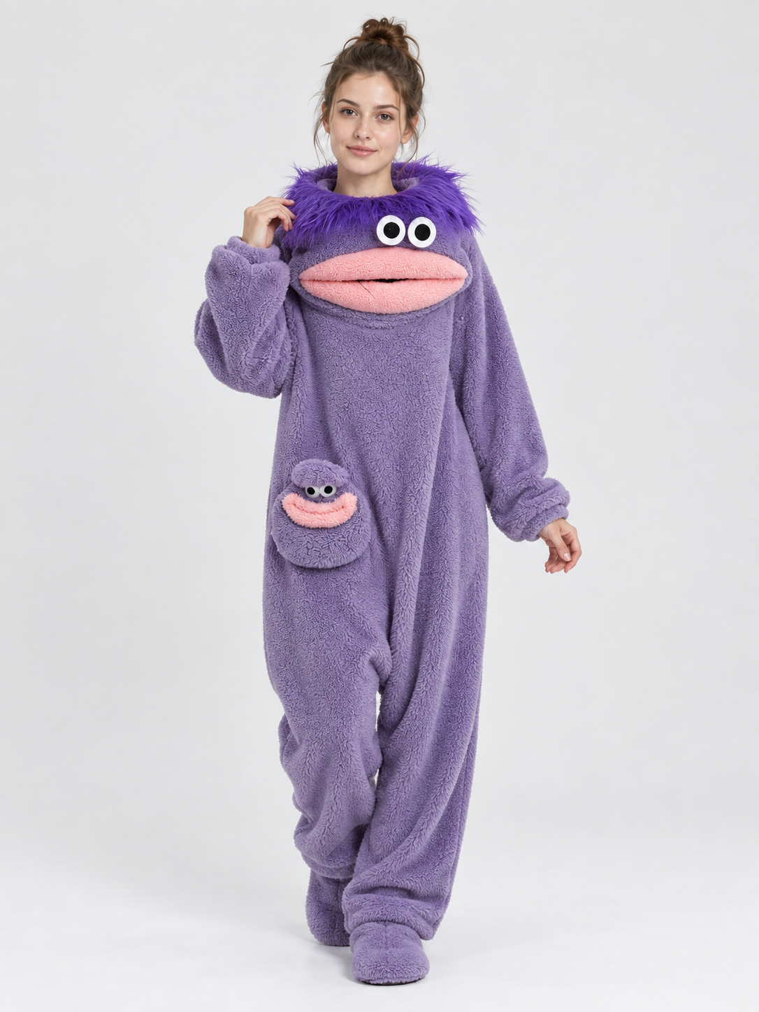 Insulated Fleece Pajama Jumpsuit with Cartoon Decor