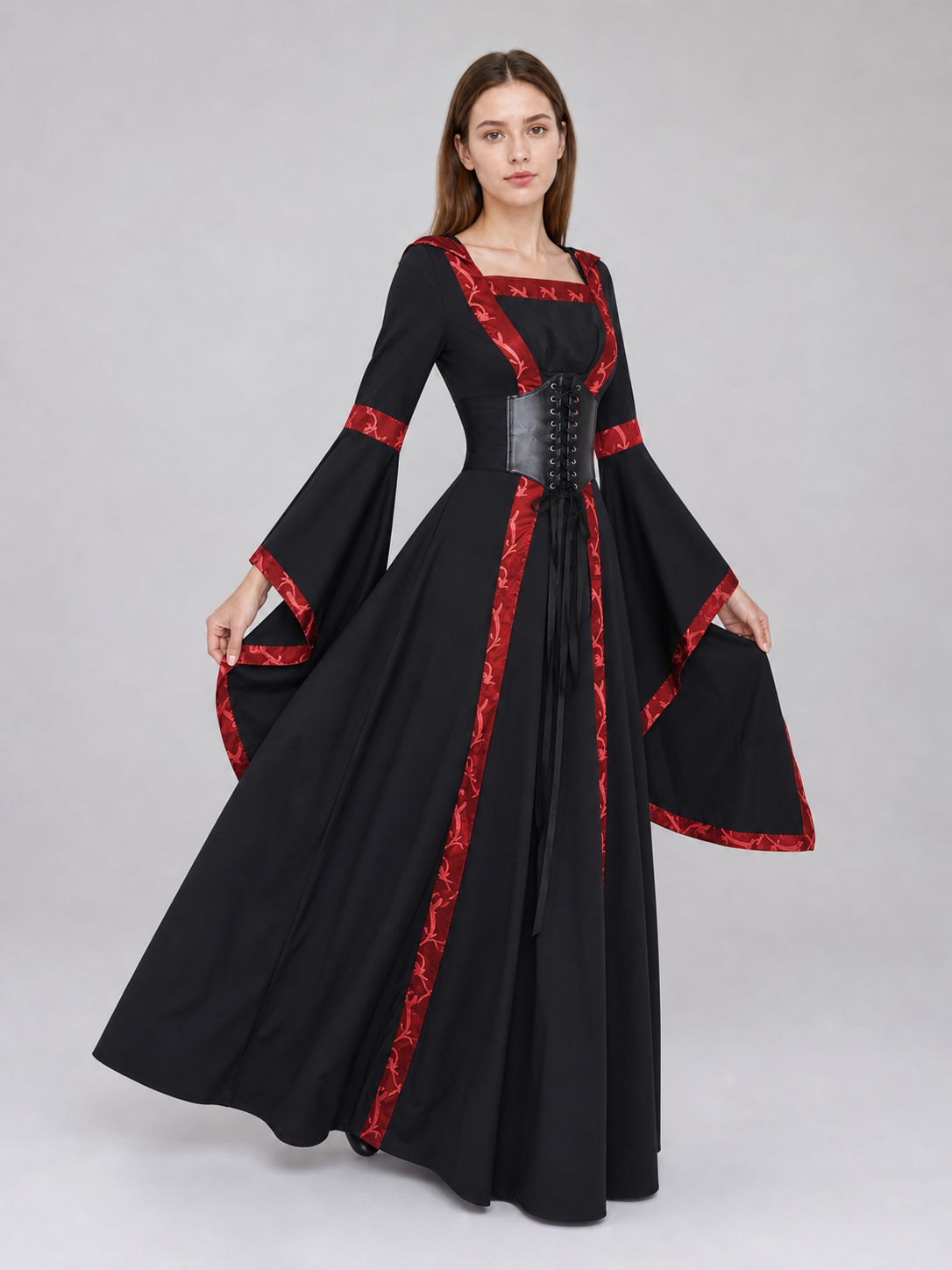 Black Gothic Dress with Hood and Lacing