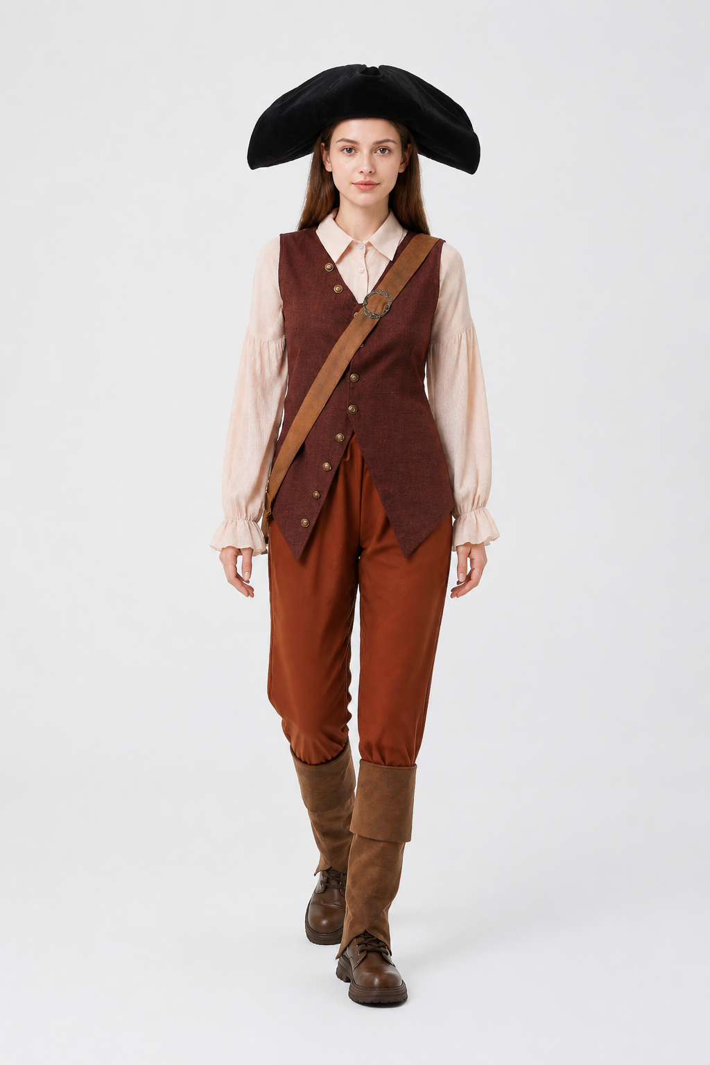 Pirate costume with vest, pants, and wide-brimmed hat Costume Headwear detail