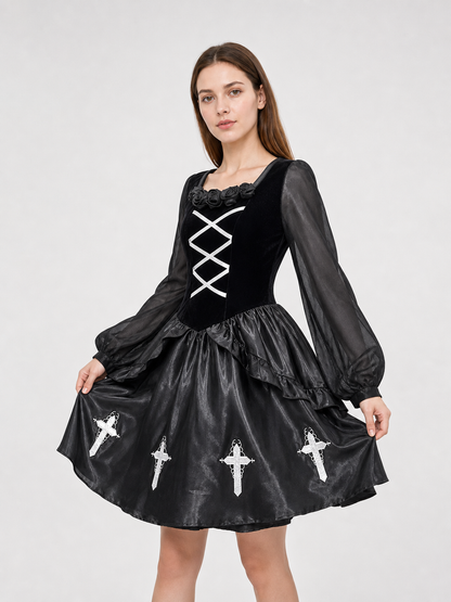 Gothic Dress with Gloves, Collar, and Headband