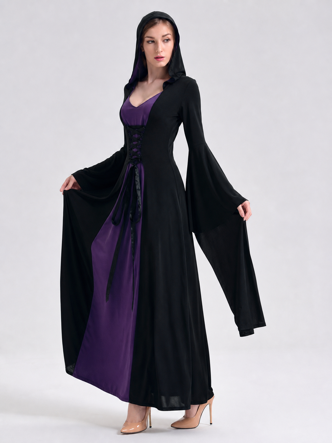 Gothic Long Hooded Dress with Lace-Up Detail Costume Dresses detail