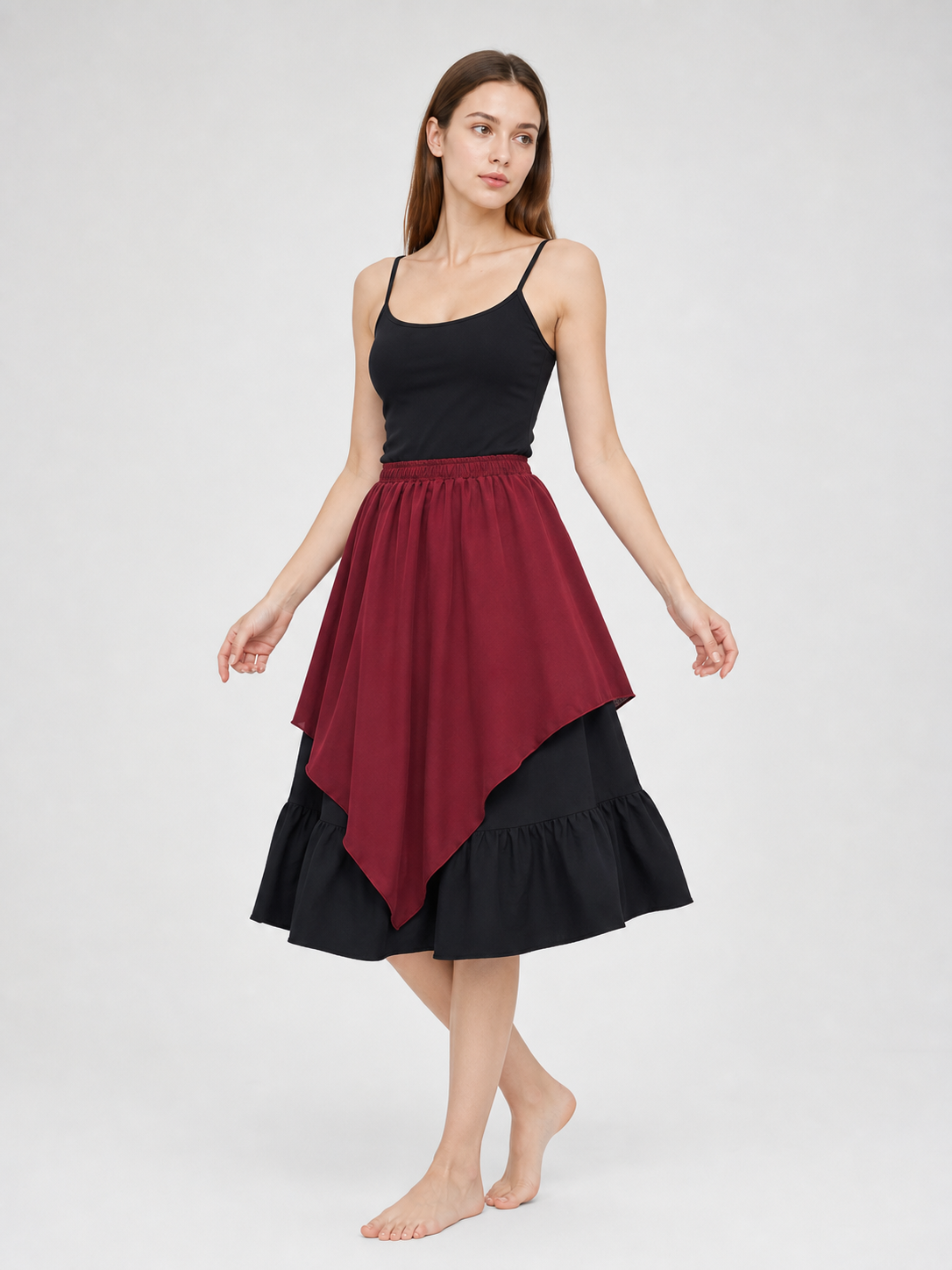 Burgundy and Black Tiered Skirt with an Asymmetrical Hem