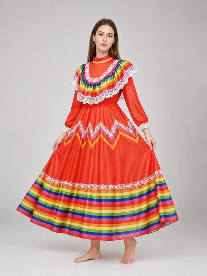 Folk Performance Dress with Long Sleeves