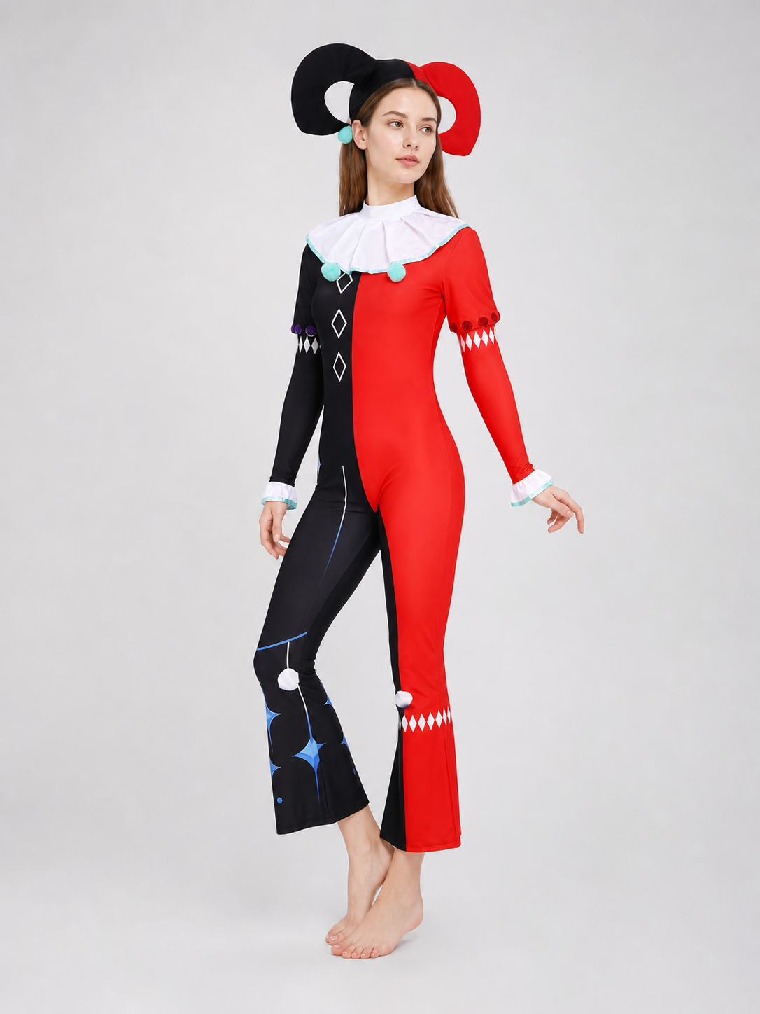 One-piece ghost clown costume in a theatrical circus style. The set includes a