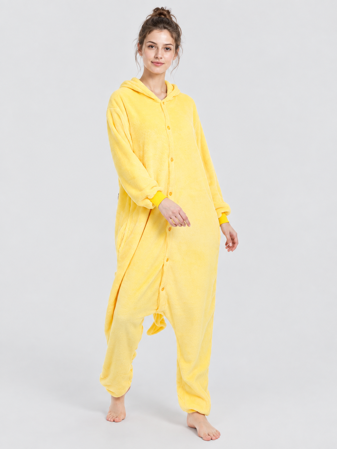 Yellow Hooded Pajama Jumpsuit with Long Sleeves