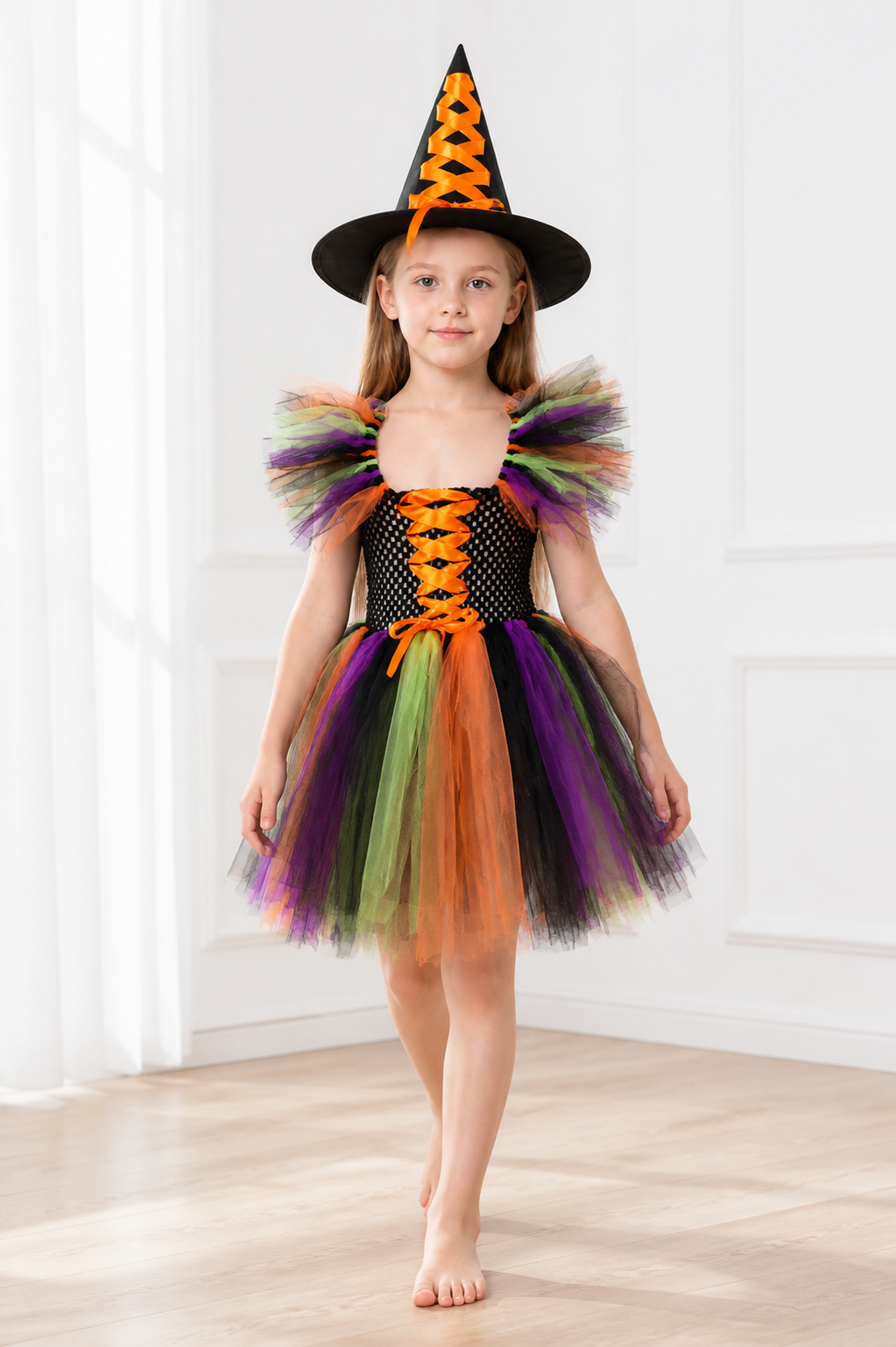 Witch Costume with Full Skirt and Hat, Multicolored Costume Headwear detail 2