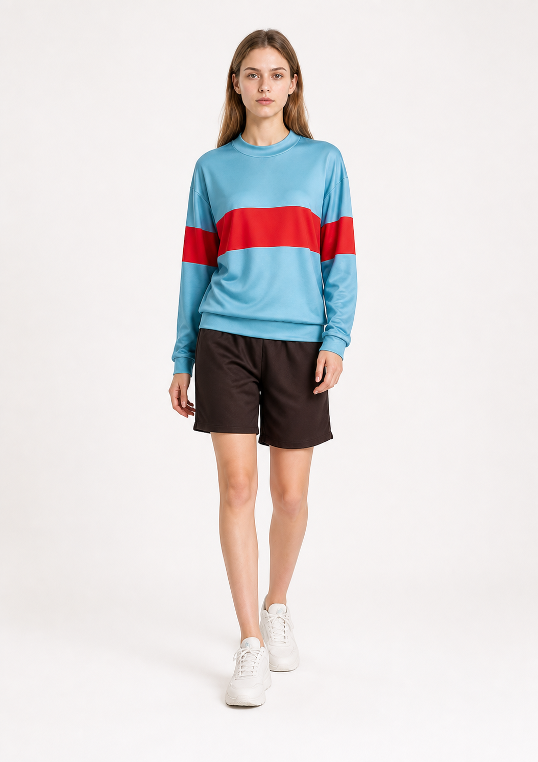Cosplay costume with a light blue sweatshirt and shorts