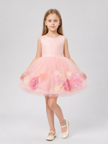 Pink Party Dress with a Full Tulle Skirt and Flowers