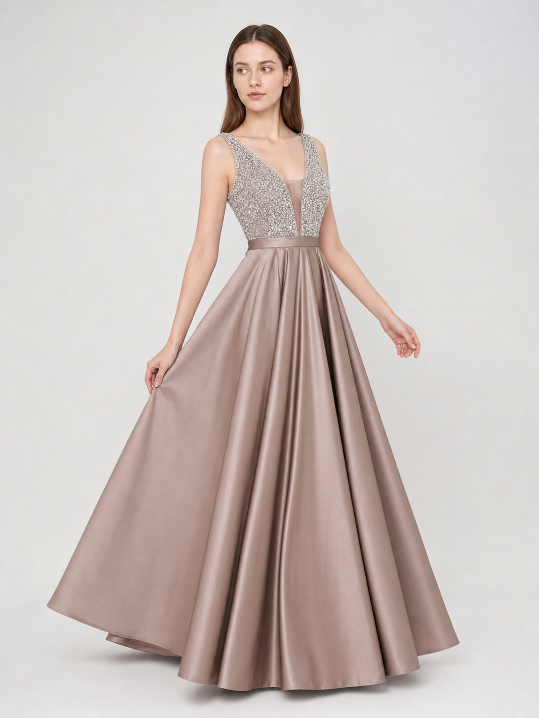 Sleeveless Evening Dress with Embellishment and V-Neckline