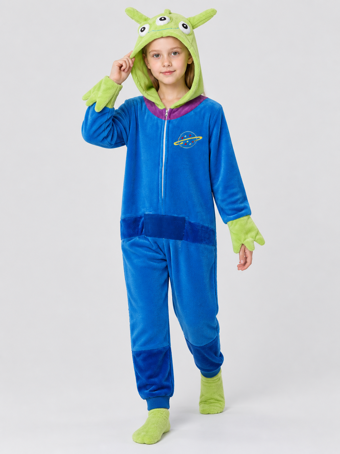 Blue Flannel Hooded Zip Pajama Jumpsuit