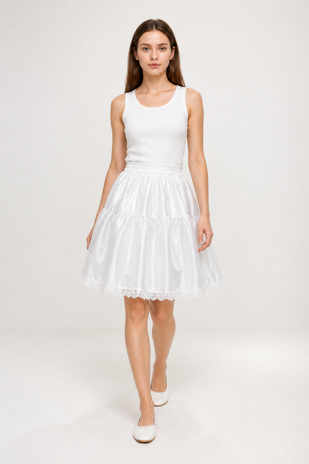 White Full Multi-Layer Skirt with Lace Hem product detail 2