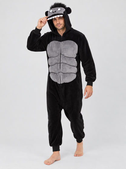 Black and gray hooded kigurumi jumpsuit with a face design
