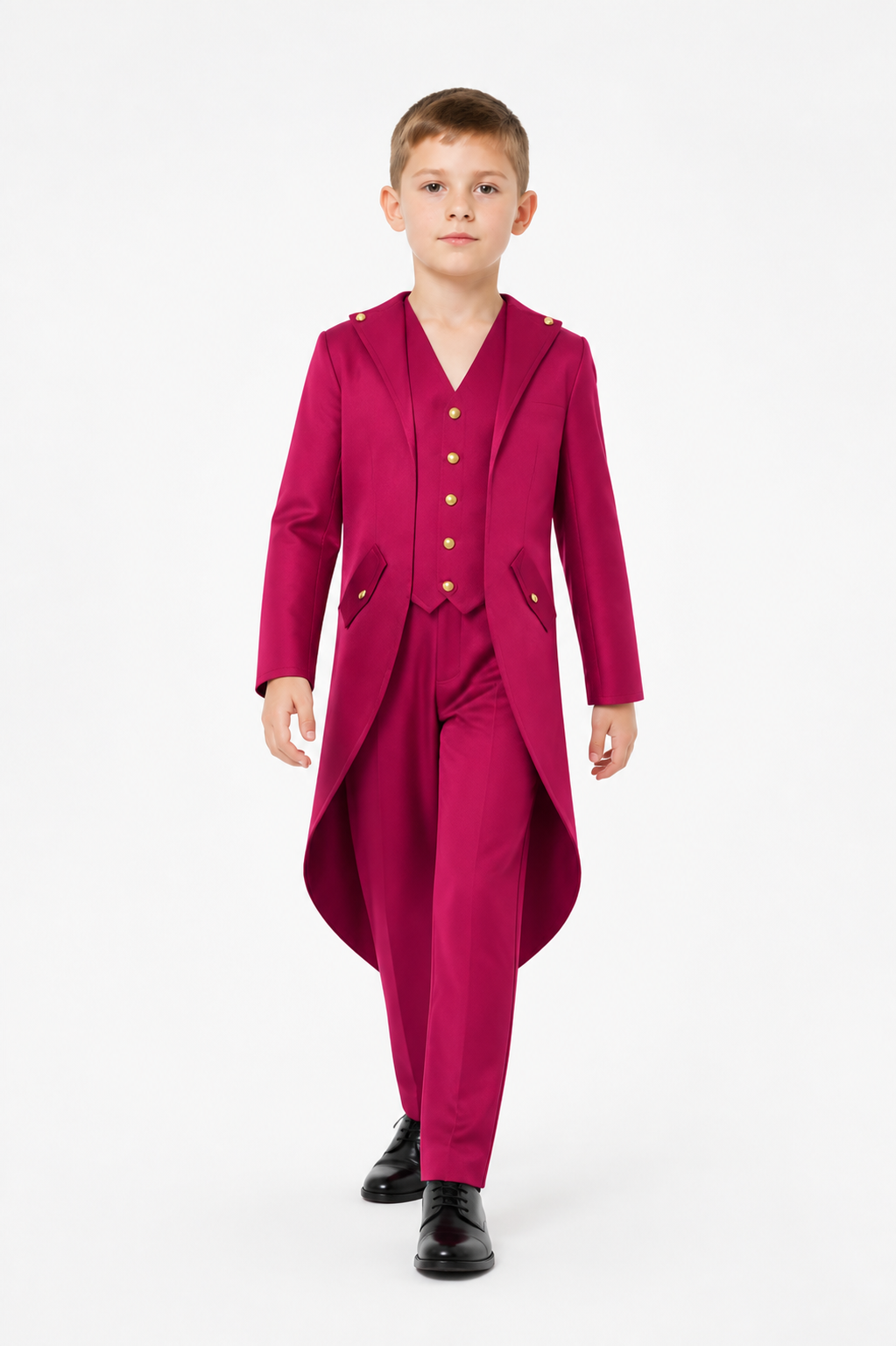 Men’s Burgundy Tailcoat with Lapels and Gold Buttons product detail 2