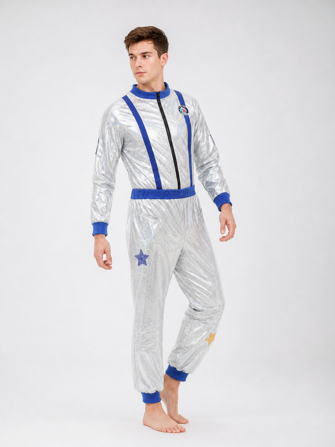 Silver astronaut costume with blue details
