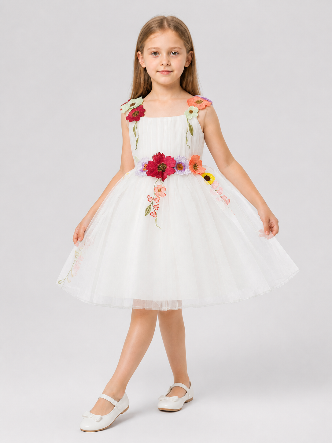 Full White Dress with Floral Details, Ages 4–8 product detail 2