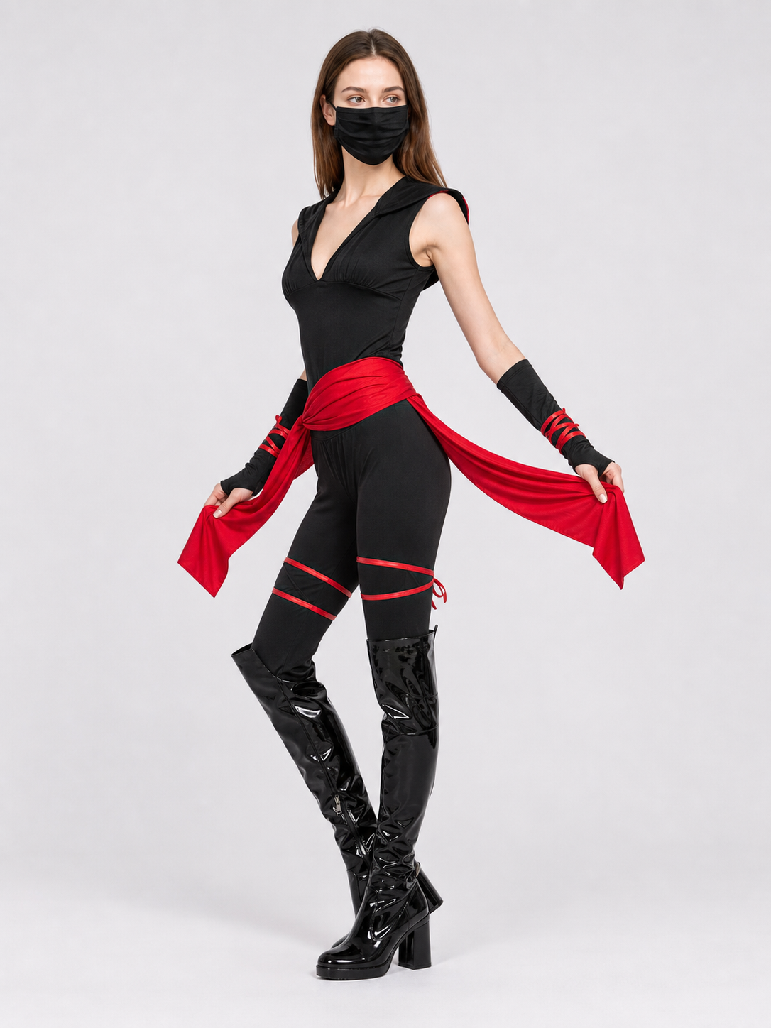 Ninja Costume with Mask and Red Belt