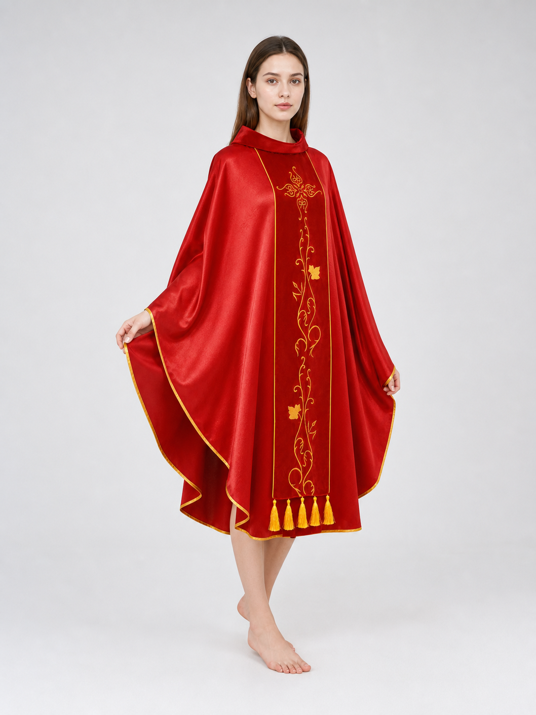 Medieval European Cosplay Vestment, Loose Sleeveless Poncho-Style Robe With Stand Collar, Gold Embroidery, Trim And Fringe For Stage Performance