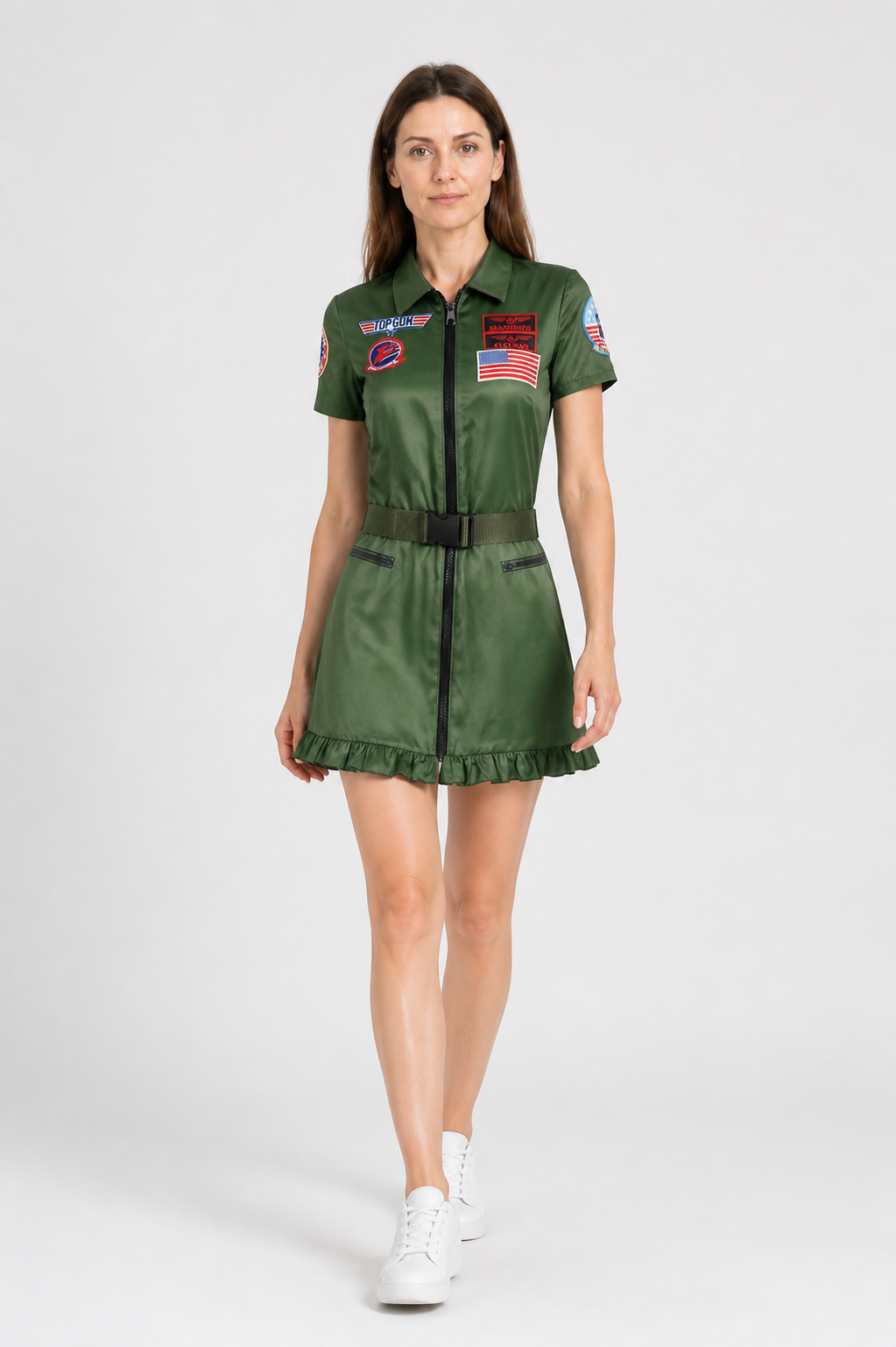 Women's pilot dress with U.S. flag, patches, and zipper, green Costume Dresses detail 2
