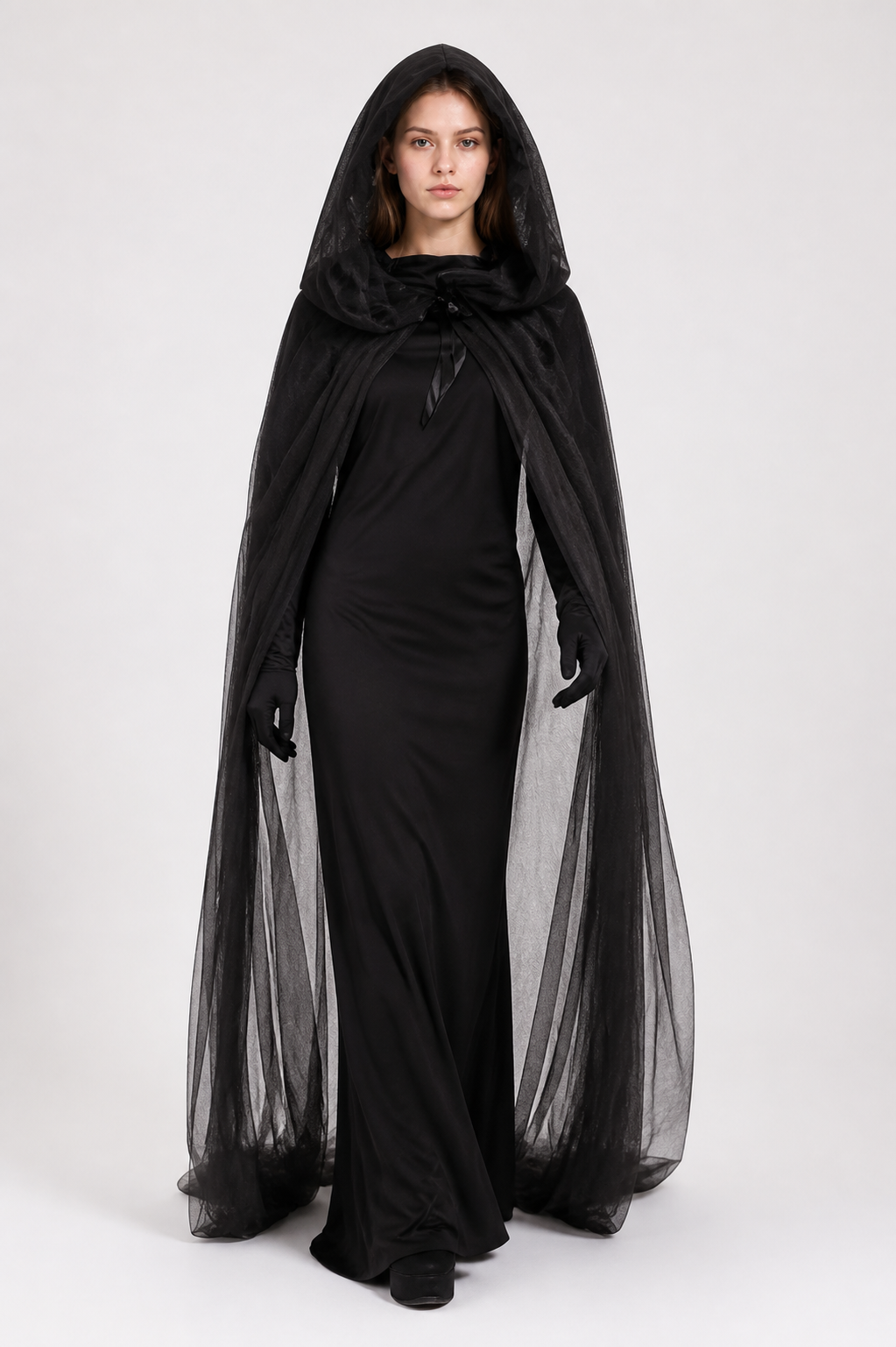 Black Witch Costume with Cape and Gloves Costume Capes detail 2