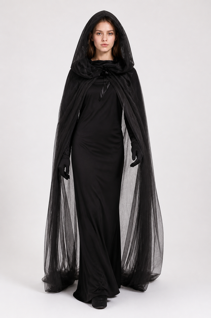 Black Witch Costume with Cape and Gloves Costume Capes detail 2