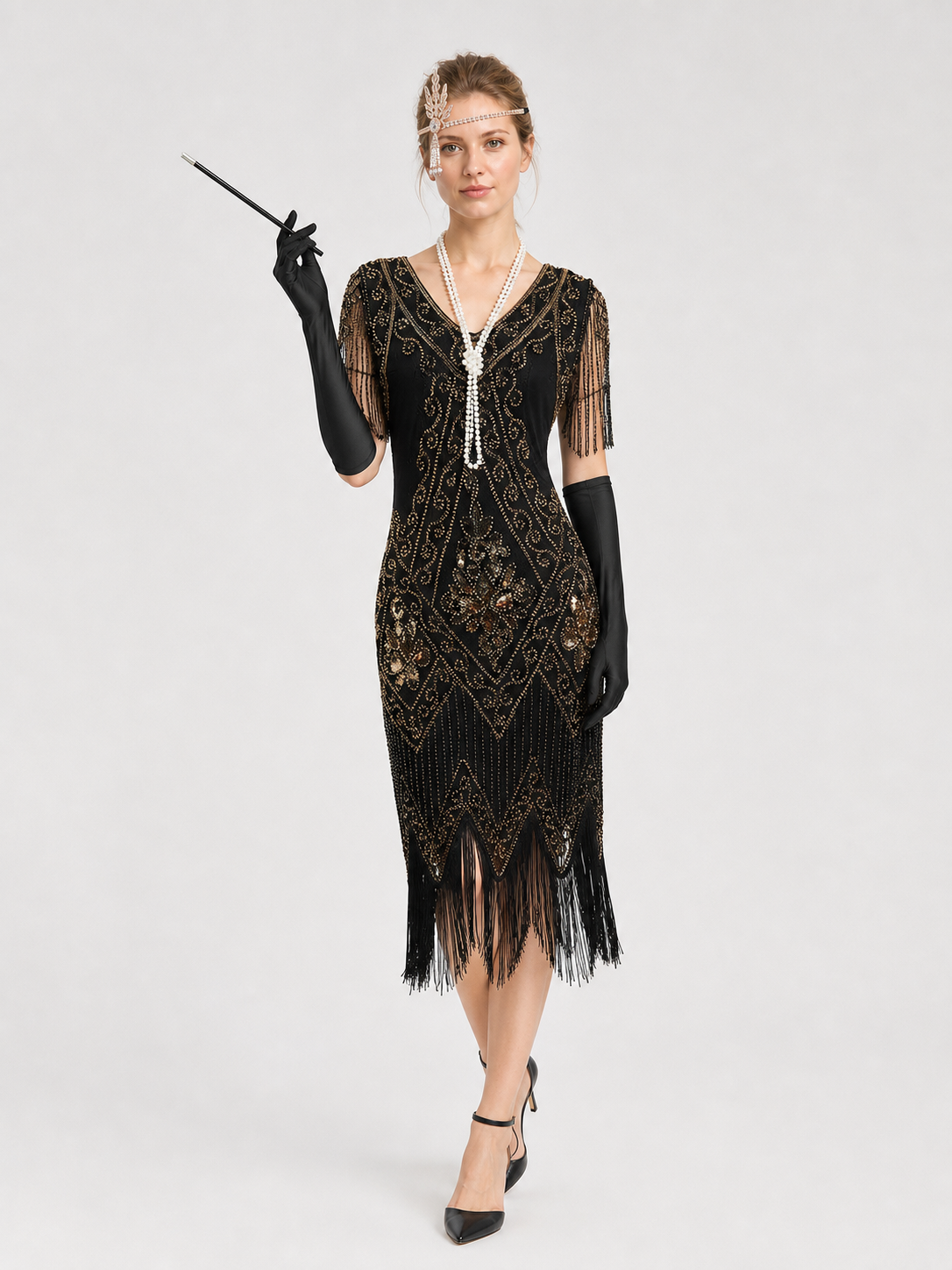 Long Sequined Dress with Fringe, Retro Set Costume Dresses detail 2