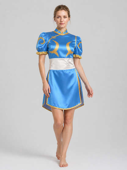Chun-Li Cosplay Qipao Dress with Gold Trim Costume Dresses detail