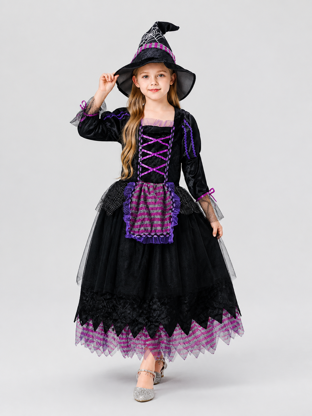 Children's Purple Witch Dress with Full Skirt and Hat Costume Dresses detail