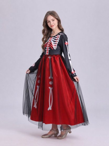 Halloween cosplay dress with a skeleton print