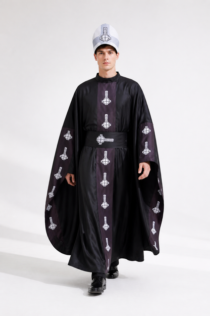 Hooded Cloak with Belt, Black with White Pattern Costume Capes detail 2