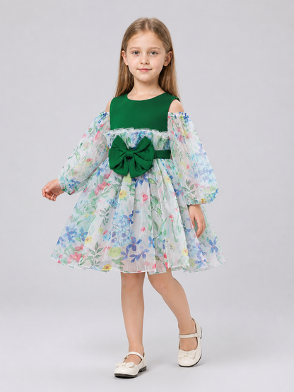 Dressy Girls’ Dress with Floral Print and Full Skirt