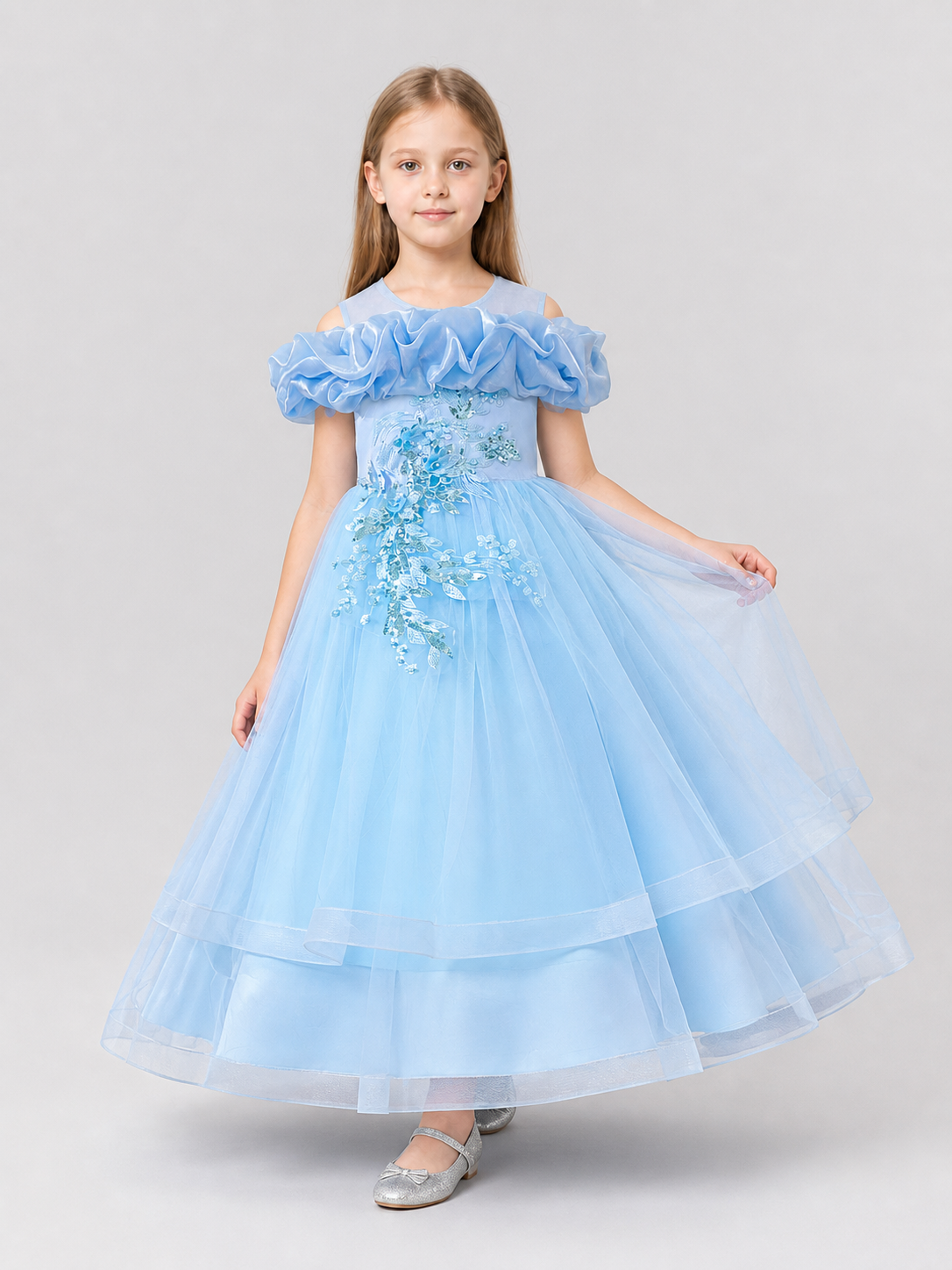 Full-Skirted Blue Dress with Sequins and Embroidery
